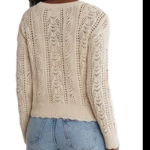 Lucky Brand Women Cotton Open-Stitch Pointelle Pullover Sweater Oat Size Medium - Picture 2 of 14